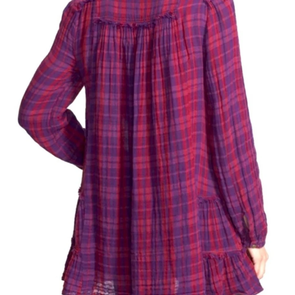 Free People Whistle While You Work Gauzy Purple Plaid Tiered Button Up Tunic Top - Picture 3 of 15